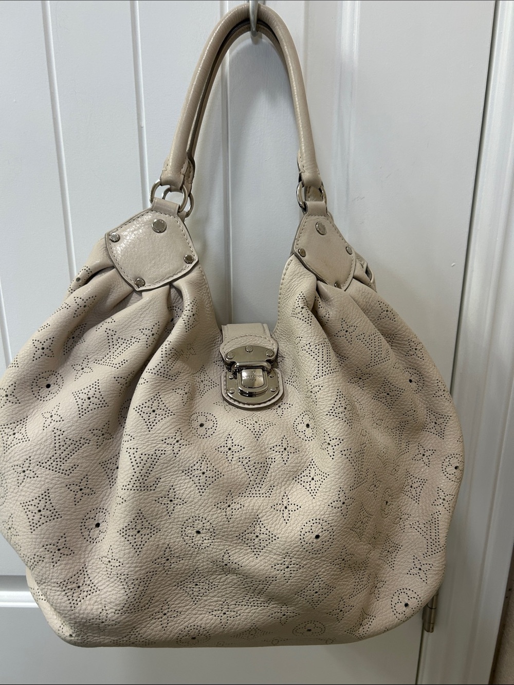Louis Vuitton Perforated Cream Leather Shoulder Bag with Silver Hardware